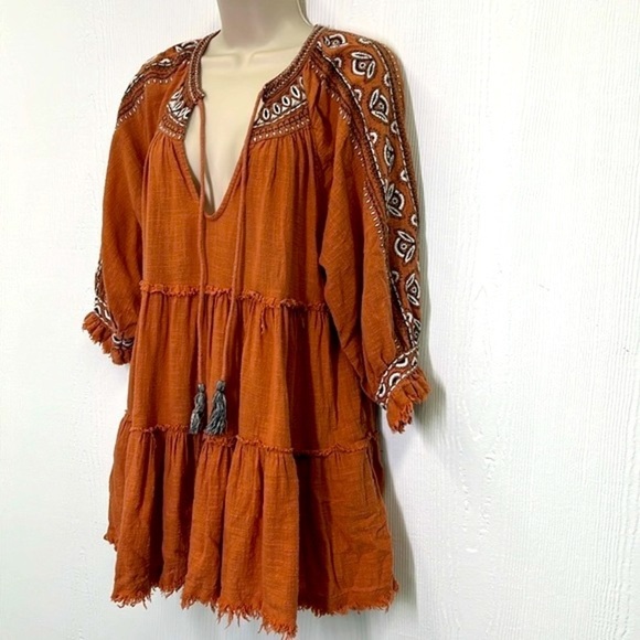 Free People - Dream Weaver Boho Frayed Terracotta 3/4 Sleeve Pocket Blouse Small - Picture 7 of 15